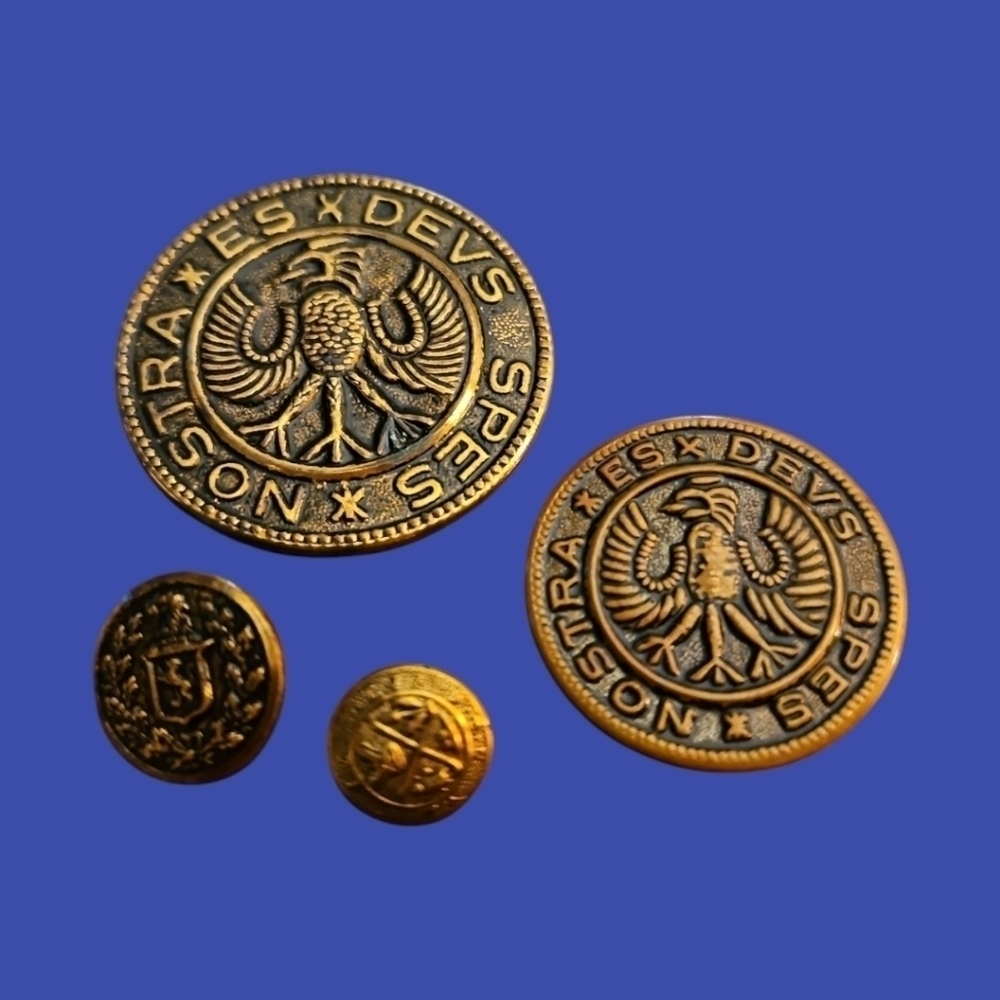 Vintage Two Hessian Soldier Nostra Esxdevs Spes Brass Uniform Shank Buttons